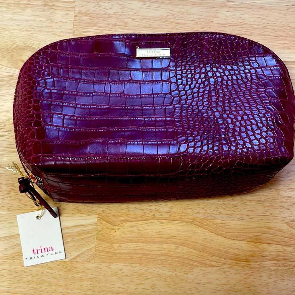 Trina Turk Burgundy Large Cosmetics Bag Croc Leather